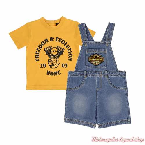 Ensemble salopette short denim bleu et t-shirt garçon orange manches courtes Harley-Davidson