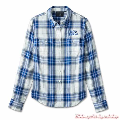 Chemisier à carreaux Harley-Davidson femme, bleu, blanc, manches longues, viscose, 96162-24VW