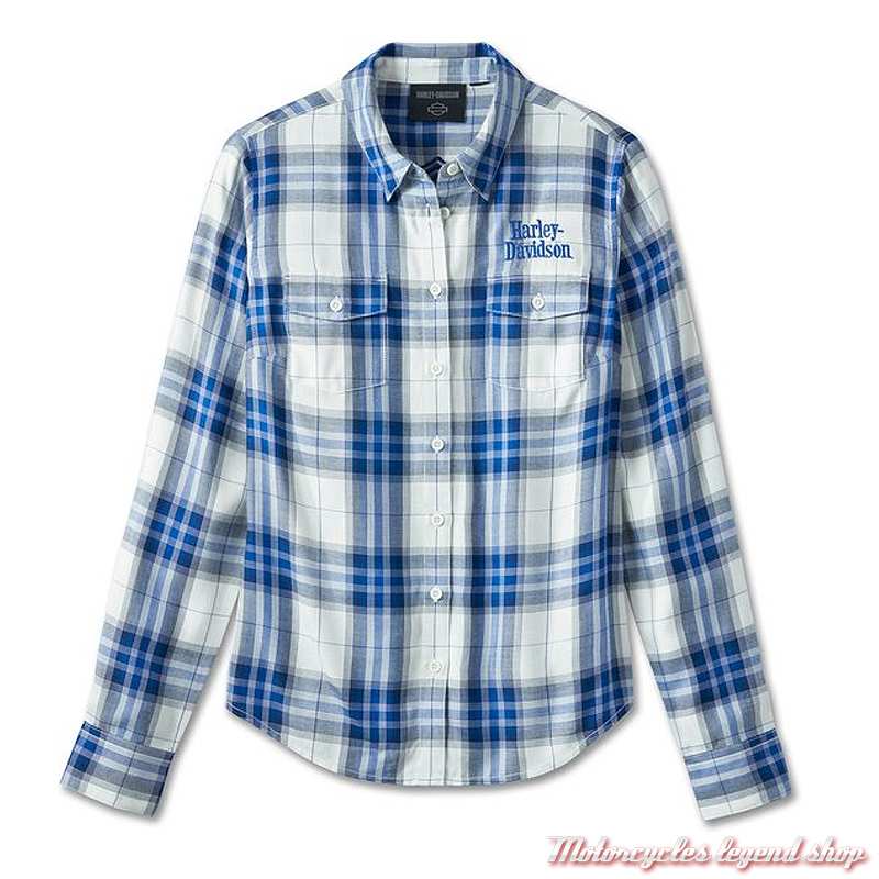 Chemisier à carreaux Harley-Davidson femme, bleu, blanc, manches longues, viscose, 96162-24VW