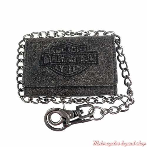 Portefeuille chaine Burnished B&S tri-fold Harley-Davidsonhomme, cuir vieilli, 3 volets, BW4736L-TANBLK