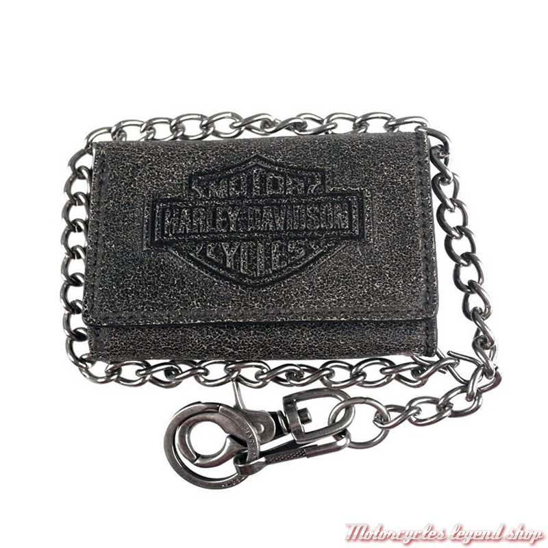 Portefeuille chaine Burnished B&S tri-fold Harley-Davidsonhomme, cuir vieilli, 3 volets, BW4736L-TANBLK