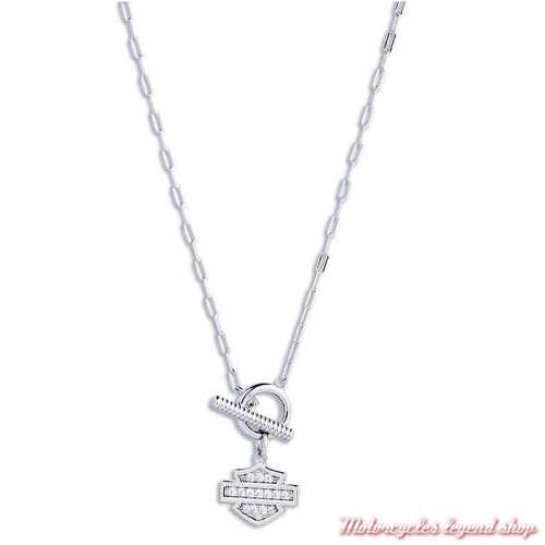 Collier Toggle argent Bar & Shield zircon Harley-Davidson femme, chaine 40 cm, 34N00003