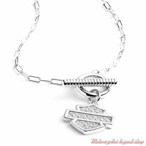 Collier Toggle argent Bar &amp; Shield zircon Harley-Davidson femme, chaine 40 cm, medaillon, 34N00003