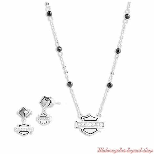 Collier et boucles d'oreille pendant Bar & Shield Harley-Davidson femme, argent, zircon, chaine 40 cm, 34S00022