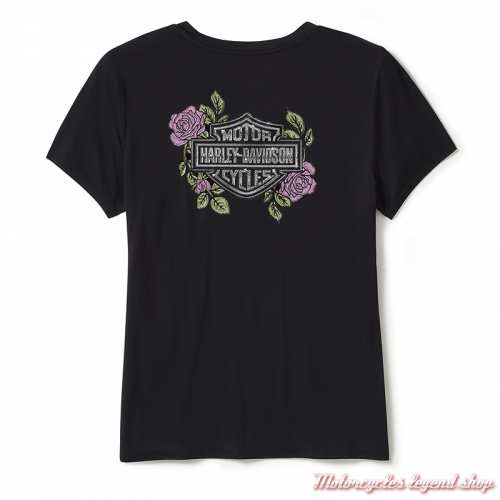 Tee-shirt Rose Bling Harley-Davidson femme noir, rayonne, manches courtes, col V, dos, 96546-25VW