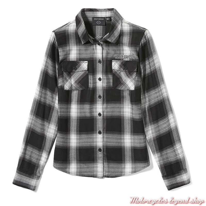Chemise à carreaux Essential Harley-Davidson femme, noir, blanc, viscose, manches longues, 99259-25VW