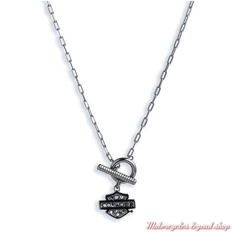 Collier Toggle argent Bar & Shield zircon noir Harley-Davidson femme, chaine 40 cm, 34N00167