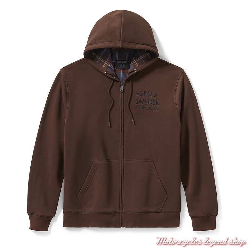 Sweatshirt zippé Bar & Shield marron Harley-Davidson homme, à capuche, doublé plaid, coton, 96784-25VM