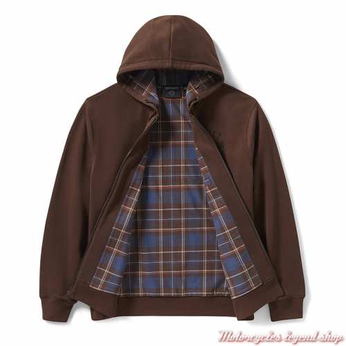 Sweatshirt zippé Bar &amp; Shield marron Harley-Davidson homme, à capuche, doublé plaid, coton, intérieur, 96784-25VM