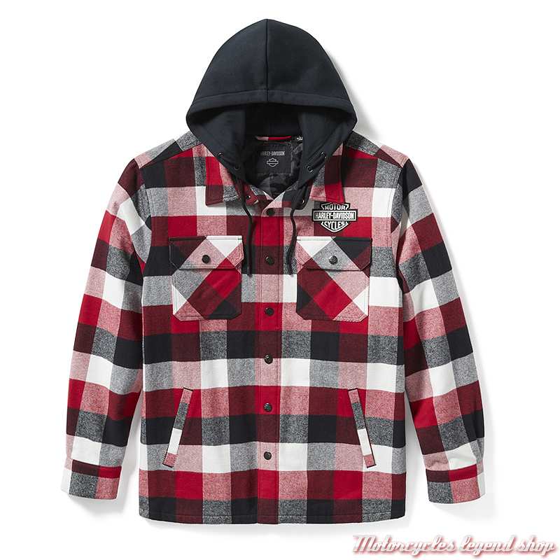Surchemise à carreaux Harley-Davidson homme, noir, blanc, rouge, à capuche, coton, 96807-25VM
