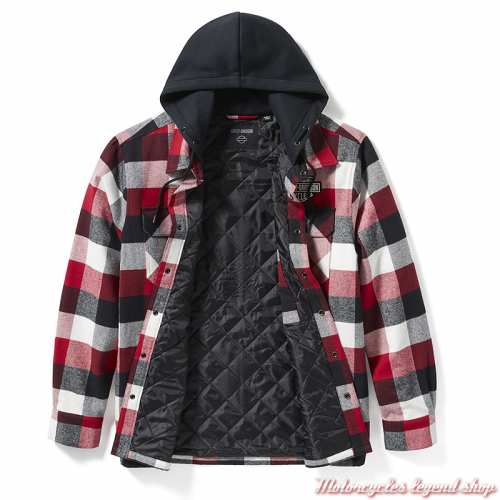 Surchemise à carreaux Harley-Davidson homme, noir, blanc, rouge, à capuche, coton, intérieur, 96807-25VM