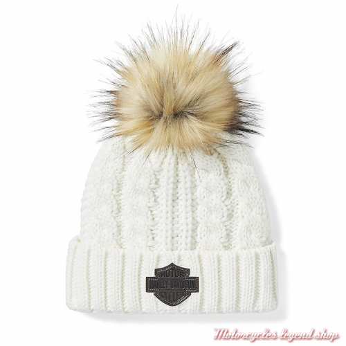 Bonnet Pompon fausse fourrure Harley-Davidson femme, trico blanc, acrylique, 97687-24VW