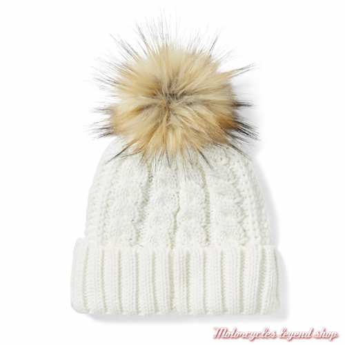 Bonnet Pompon fausse fourrure Harley-Davidson femme, trico blanc, acrylique, dos, 97687-24VW
