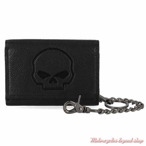 Portefeuille Skull Willie G Harley-Davidson, cuir noir, 3 volets, chaine amovible, MWM101/08