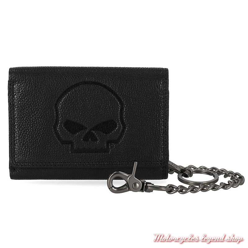 Portefeuille Skull Willie G Harley-Davidson, cuir noir, 3 volets, chaine amovible, MWM101/08