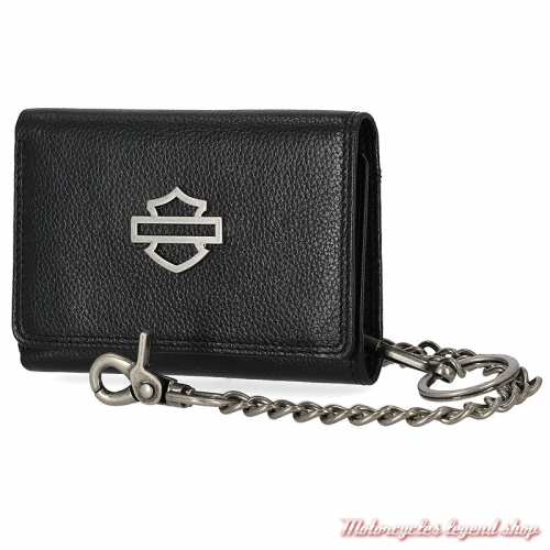 Portefeuille Medaillon Bar & Shied Harley-Davidson, cuir noir, 3 volets, chaine amovible, MWM103/08