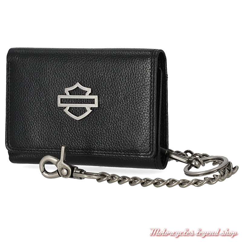 Portefeuille Medaillon Bar & Shied Harley-Davidson, cuir noir, 3 volets, chaine amovible, MWM103/08