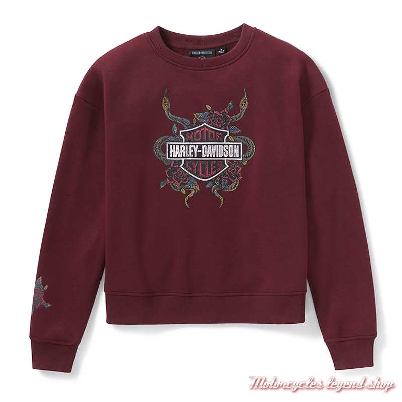 Sweatshirt Snake Rose Bling Harley-Davidson femme, col rond, bordeaux, coton, poly, 96822-25VW