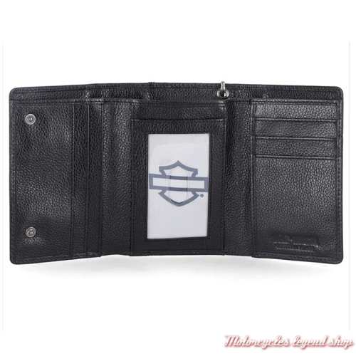 Portefeuille Bar &amp; Shield color Harley-Davidson, cuir noir, 3 volets, chaine amovible, intérieur, MWM102/08