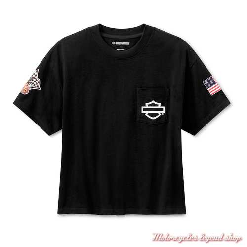 Tee-shirt Factory Racing Team Harley-Davidson femme, coupe courte, noir, col rond, coton, 96378-26VW