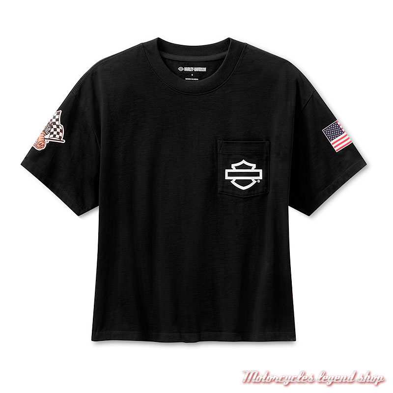 Tee-shirt Factory Racing Team Harley-Davidson femme, coupe courte, noir, col rond, coton, 96378-26VW