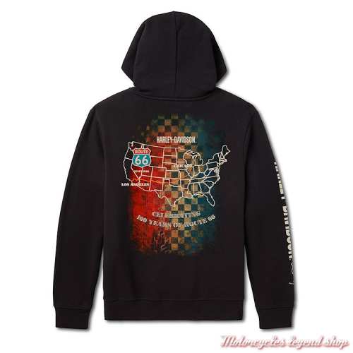 Sweatshirt Route 66 Anniversary Harley-Davidson homme, zippé, à capuche, noir, dos, 96806-26VX