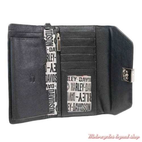 Portefeuille Authentic Harley-Davidson femme, cuir noir, compartiment smartphone, 18 x 10 cm, intérieur, HDWTC10495