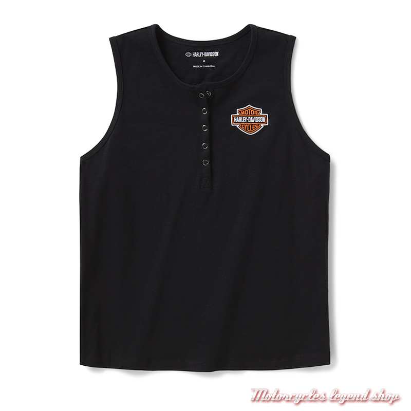 Débardeur Henley Essential Harley-Davidson femme, noir, col boutons pression, coton, 96264-26VW