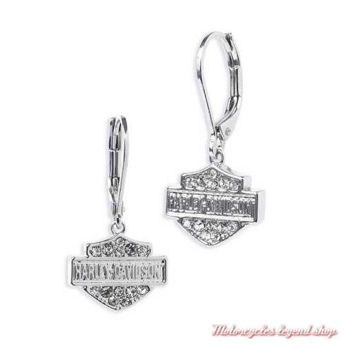 Boucles d'oreille Bar & Shield Crystal Harley-Davidson femme, plaqué argent et strass, 34G00035