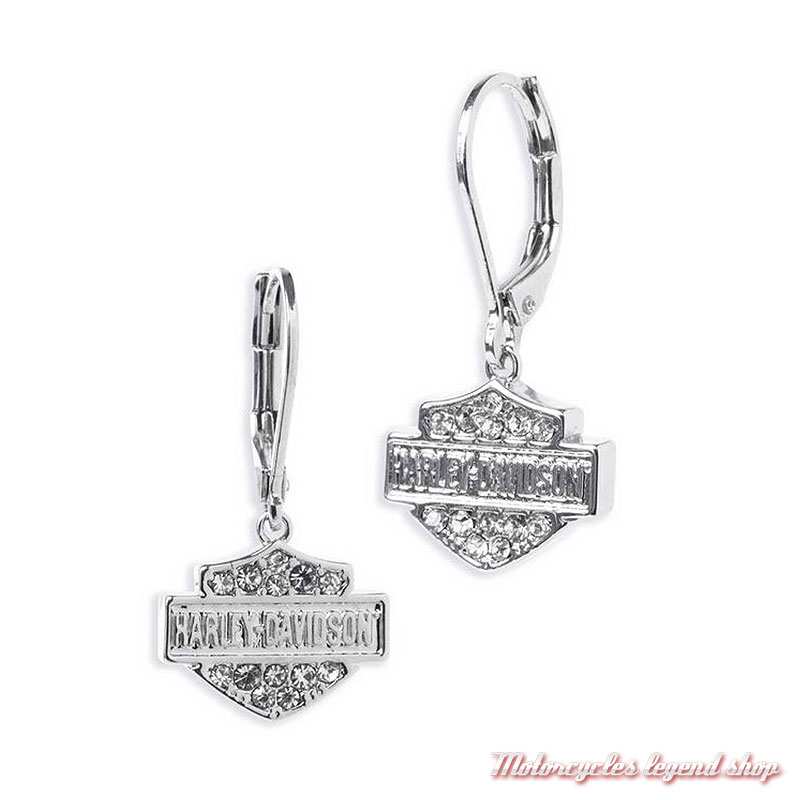 Boucles d'oreille Bar & Shield Crystal Harley-Davidson femme, plaqué argent et strass, 34G00035