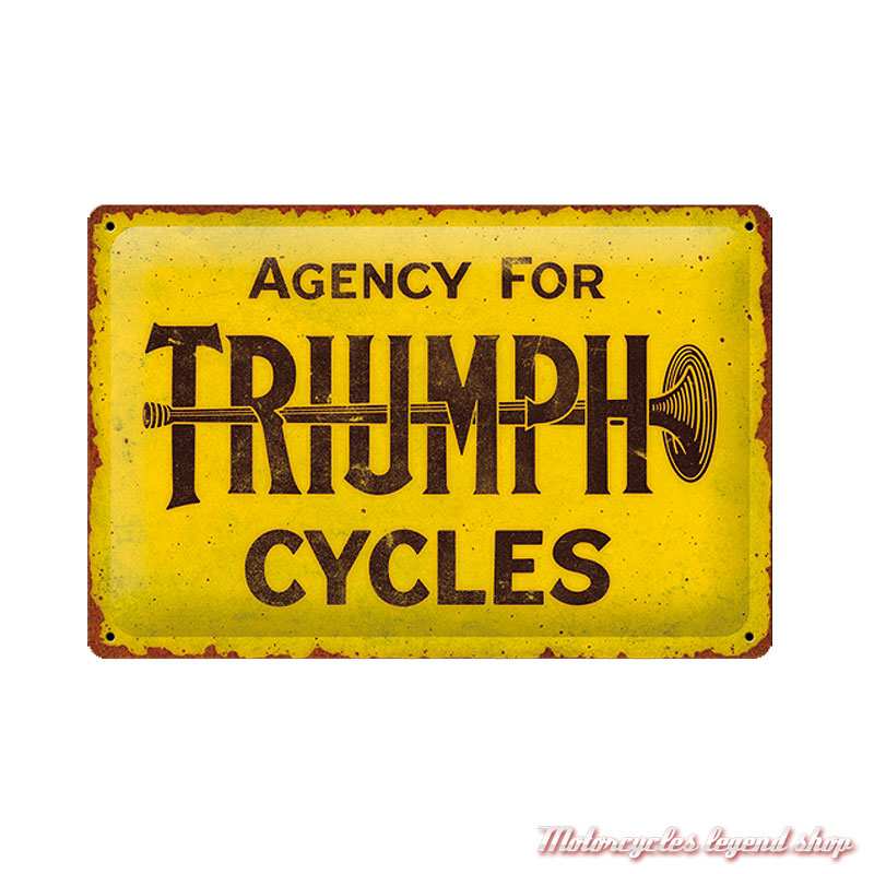 Plaque métal Agency For Cycles Triumph vintage, jaune, rouille, 20 x 30 cm, MLMA26904