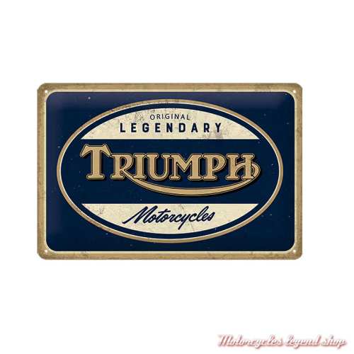 Plaque métal Legendary Motorcycles Triumph, vintage, ecru, bleu, 30 x 20 cm, MLMA26906