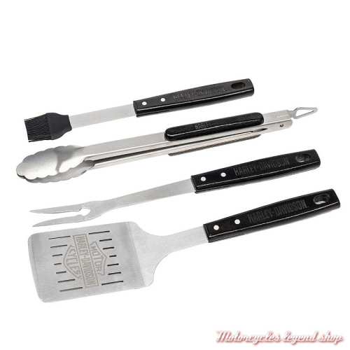 4 ustensiles pour barbecue Harley-Davidson, fourchette, pince, pinceeau, spatule, acier inoxysable, bois noir, HDL-10036