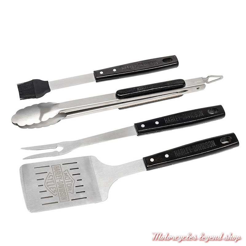 4 ustensiles pour barbecue Harley-Davidson, fourchette, pince, pinceeau, spatule, acier inoxysable, bois noir, HDL-10036