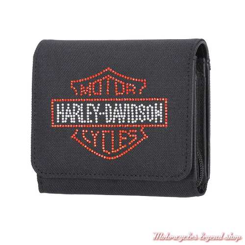 Portefeuille Bar & Shield Rhinestone Harley-Davidson femme, 2 volets, monnaies zip, noir, MWW059/08
