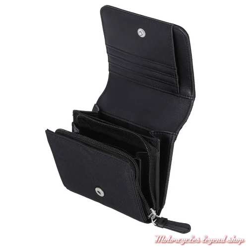 Portefeuille Bar &amp; Shield Rhinestone Harley-Davidson femme, 2 volets, monnaies zip, noir, ouvert, MWW059/08