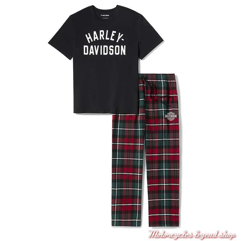 Pyjama Bar & Shield homme Harley-Davidson, t-shirt noir manches courtes, pantalon plaid, 96441-26VM
