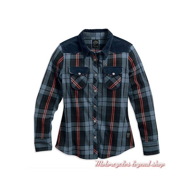 Chemise Corduroy à carreaux Black Label Harley-Davidson, femme, bleu dominant, coton, velours, manches longues, 96122-17VW