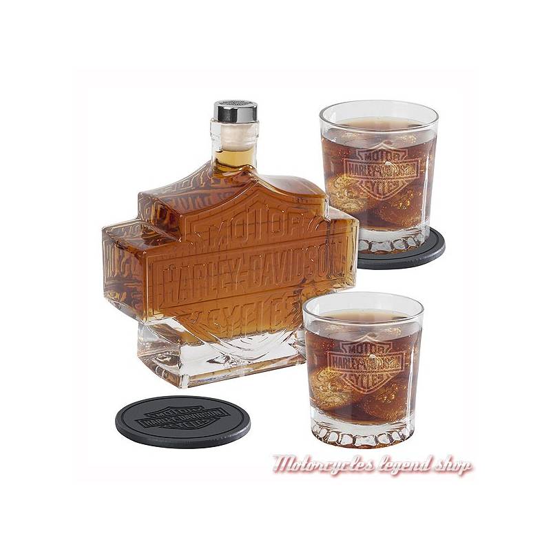 Service à whisky Harley-Davidson, carafe Bar & Shield, 2 verres, verre transparent, dessous de verre cuir, HDL-18746