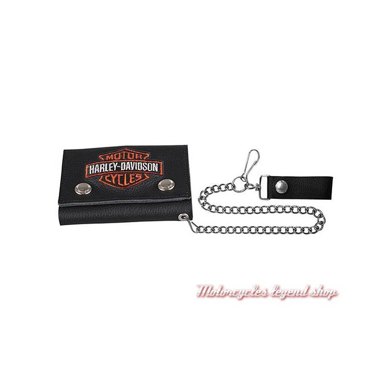 Portefeuille Bar & Shield color Harley-Davidson, cuir noir grainé, chainette, XML4328-ORGBLK