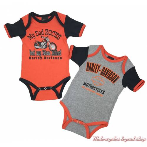 Lot de 2 bodies Harley-Davidson garçon, coton, noir, orange, gris, blanc, manches courtes, 3050553