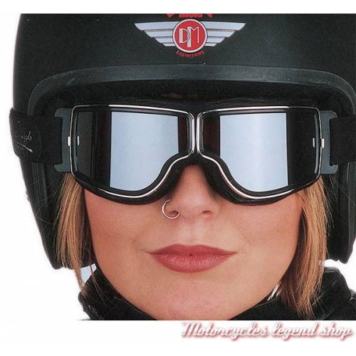Lunettes &quot;Aviator Goggle&quot; mixte, noir, cercle chromé, oculaire clair, large elastique réglable, Leon Jeantet T2CHI 