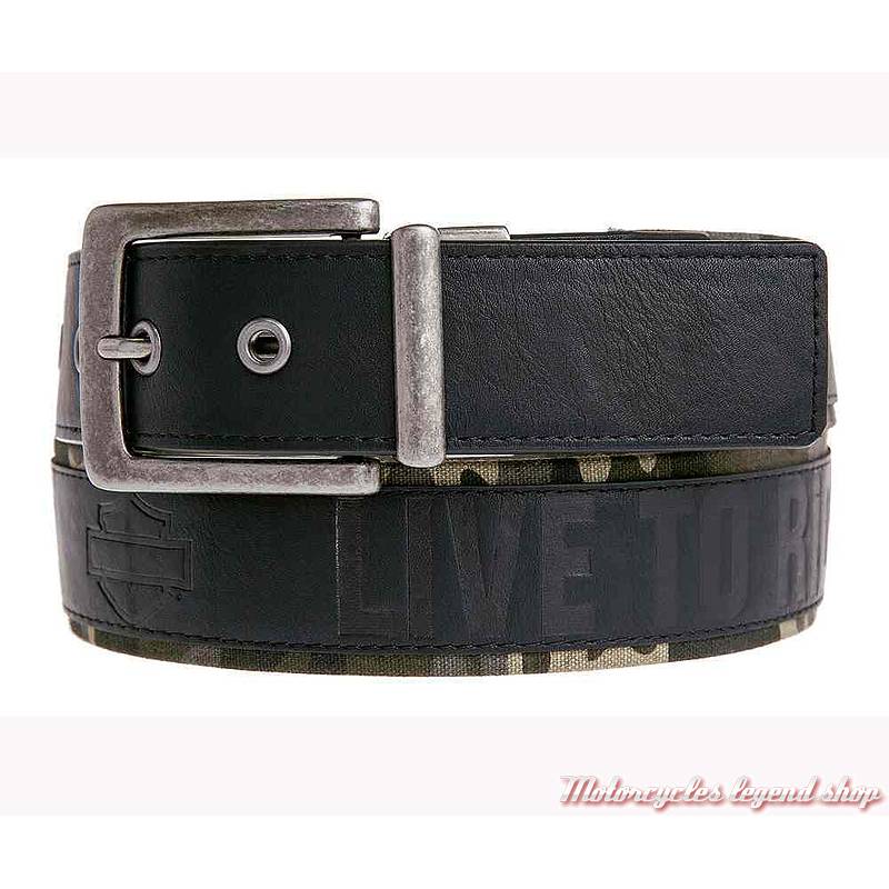 Ceinture cuir noir et toile Camouflage réversible Harley-Davidson homme, boucle amovible, HDMBT11037