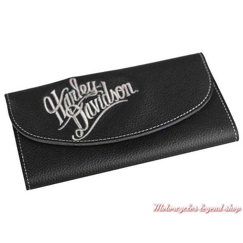 Portefeuille cuir Harley-Davidson femmee, noir, grainé, brodé, ZWL3871-CRMBLK