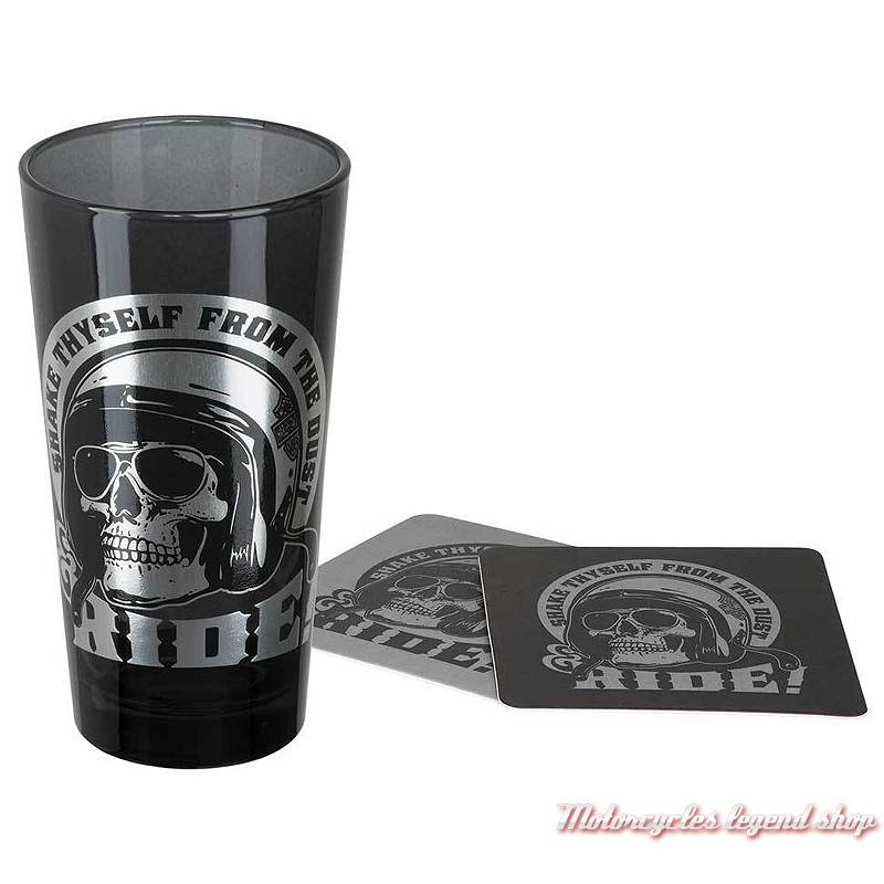 Verre Skull Rider Harley-Davidson, 50 cl, verre noir translucide, 2 dessous de verre, HDL-18781
