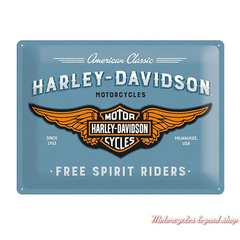 Plaque métal Free Spirit Riders Harley-Davidson, bleu vintage, 30 x 40 cm, 23244 