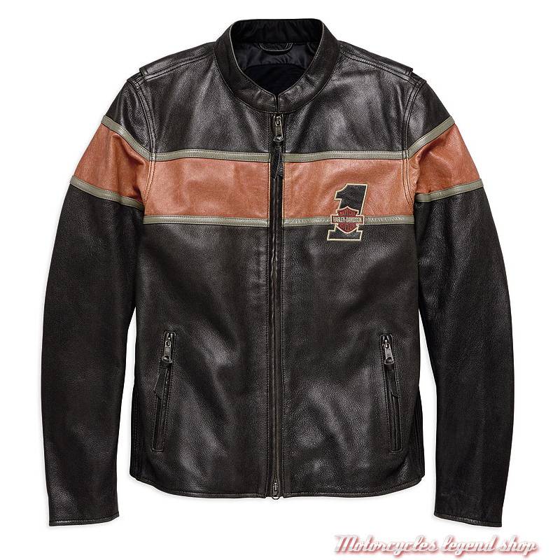 Blouson cuir Victory Lane Harley-Davidson homme, vintage, noir, orange, homologué, 98027-18EM