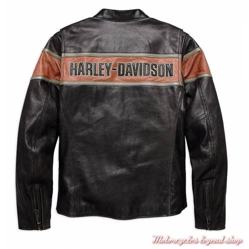 Blouson cuir Victory Lane Harley-Davidson homme, vintage, noir, orange, homologué, dos, 98027-18EM