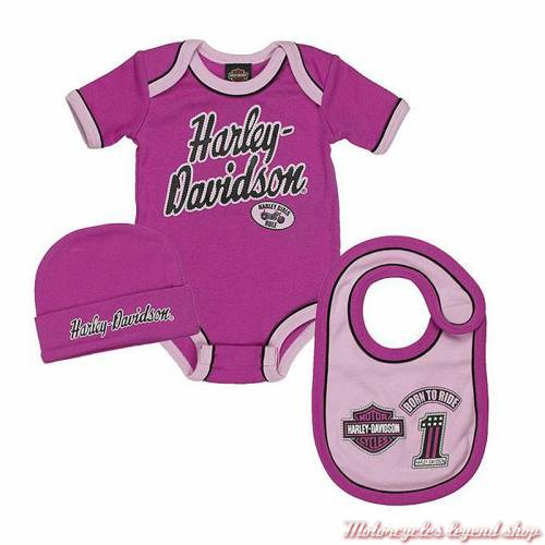 Ensemble Bébé Fille 3 pièces Harley-Davidson, body, bavoir, bonnet, rose, coton, 2501817, 2511817