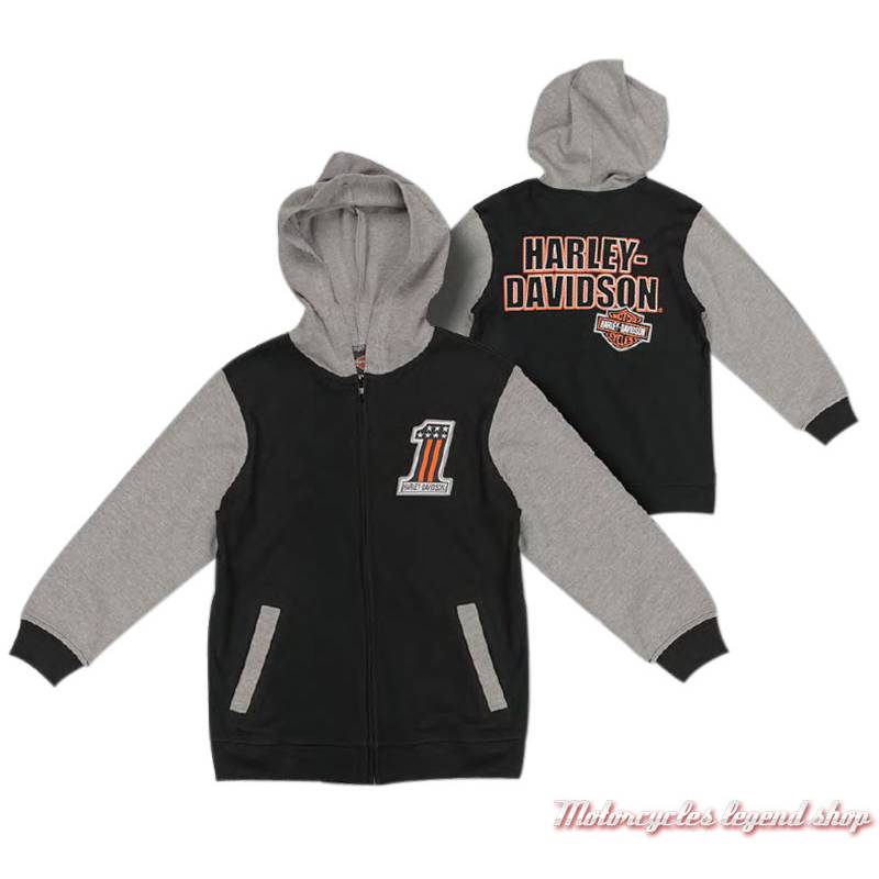 Sweatshirt zippé garçon Harley-Davidson, à capuche, noir et gris, coton, polyester, 6571835, 6581835